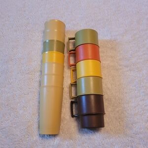 Vintage Tupperware Stackable Plastic Cups in Yellow, Green, Orange, Brown